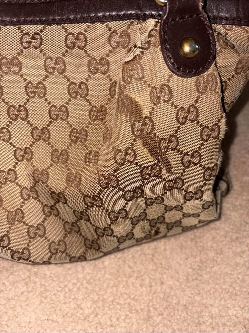 Gucci Beige GG Canvas Shoulder Bag with Brown Trim and Gold Charm - Picture 3 of 15